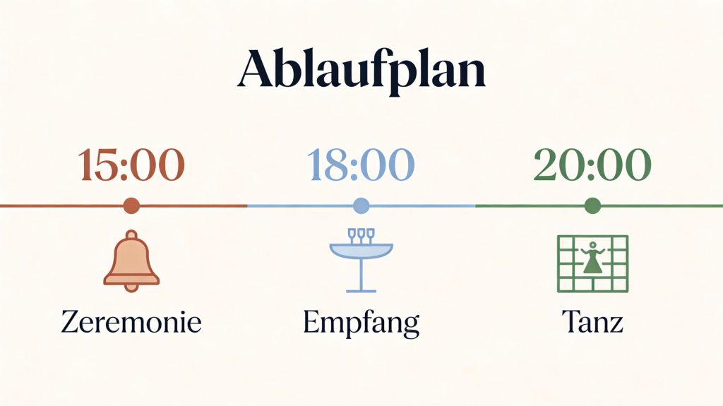 Darstellung eines Ablaufplans. 15 Uhr Zeremonie. 18 Uhr Empfang. 20 Uhr Tanz.