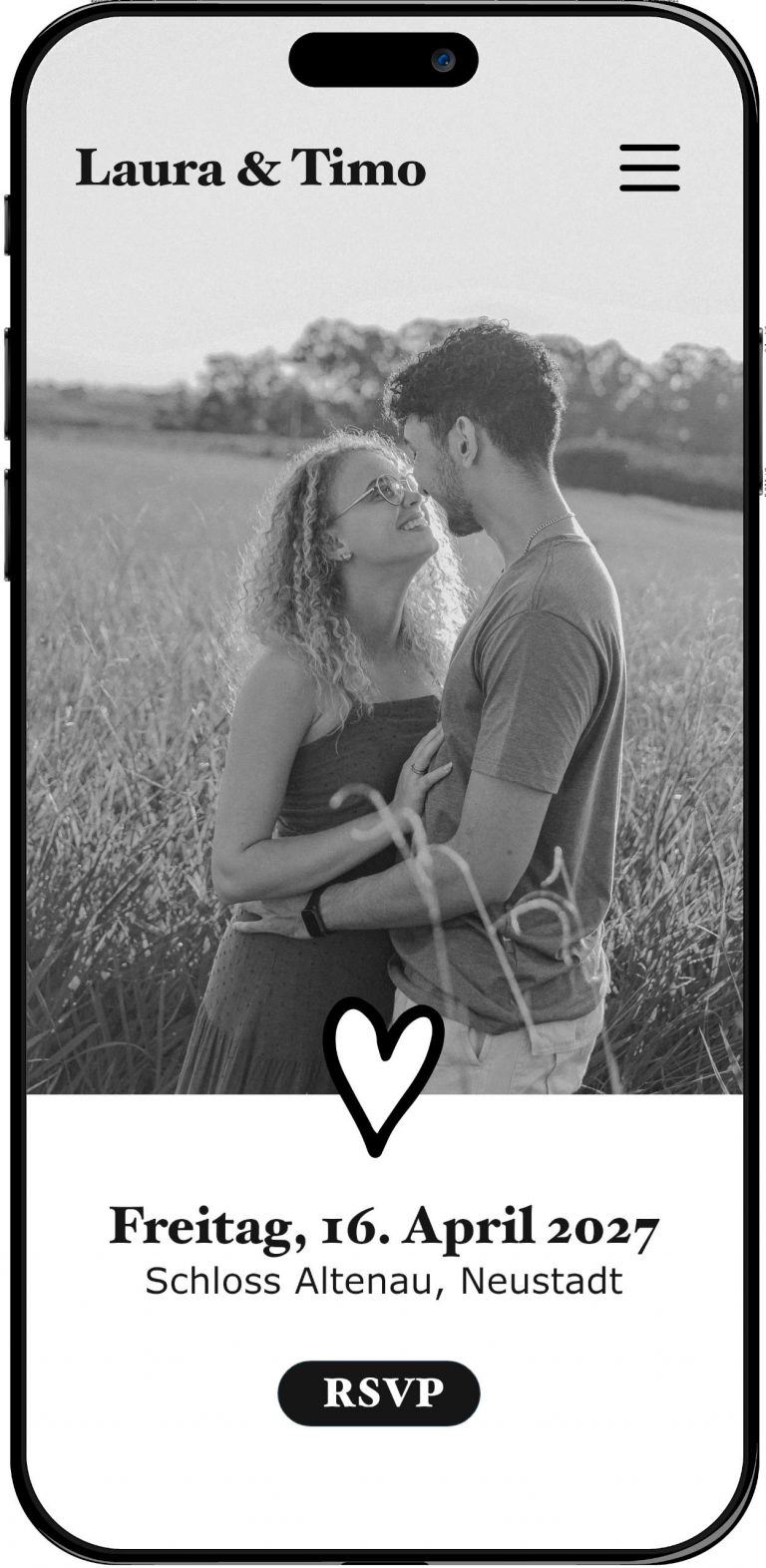 Mobile Vorschau einer ourweddo.de Hochzeitswebsite: Paar umarmt sich im Kornfeld, Datum Freitag 16. April 2027, Schloss Altenstadt, RSVP-Button.