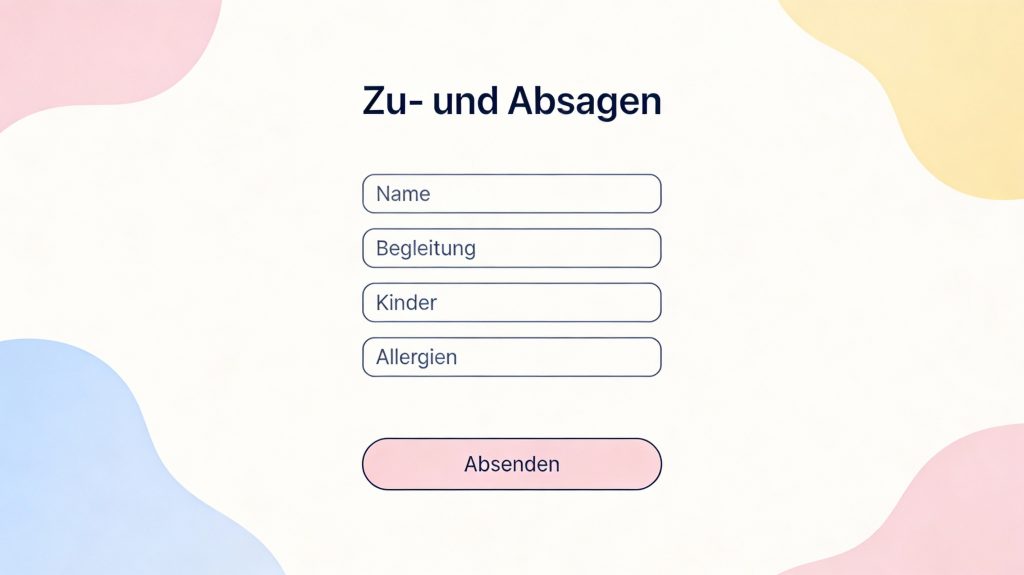 Darstellung eines RSVP-Formulars mit den Feldern Name, Begleitung, Kinder und Allergien.